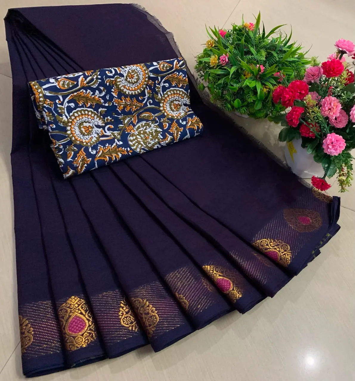 Deep Navy Chettinadu Pure Cotton Saree with Kalamkari Blouse